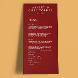 Menú Moderno Mínimo Crimson Red Wedding Recepcion