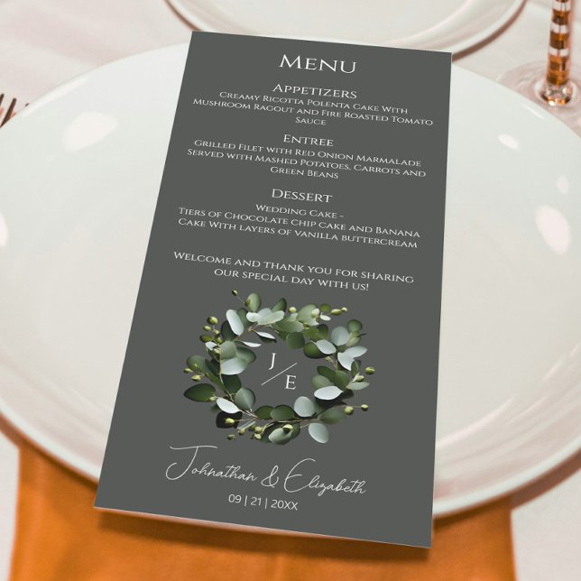 Menú Moderno Monograma Eucalyptus Wreath | Gris (Gray Modern Monogram Eucalyptus Wreath Wedding Menu)