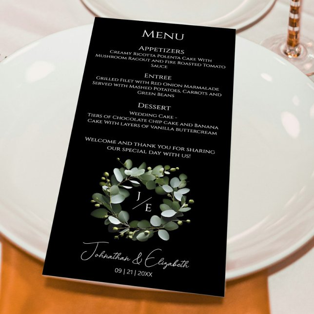 Menú Moderno Monograma Eucalyptus Wreath | Negra (Black Modern Monogram Eucalyptus Wreath Wedding Menu)