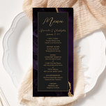 Menú Moderno morado de oro Agate Boda oscuro<br><div class="desc">Elegante y moderno menú boda con un fondo acuarela violeta adornado con un purpurina de imitación dorada. El texto aparece en una elegante letra de color dorado y tipografías sans serif en un rectángulo negro de pizarra oscura. El diseño de agate se repite al revés.</div>