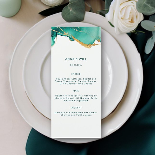 Menú Moderno oro Esmeralda Verde azulado verano playa B (emerald green modern minimalist beach wedding menu gold waves summer elegant bohemian romantic chic)
