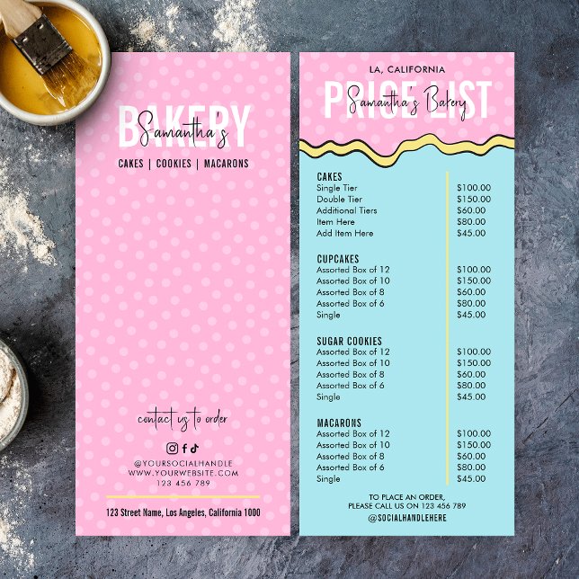 Menú moderno retro colorido pastelería Chef Bakery (Trendy and chic pastry chef pricing menu in pastel colors and comic style background)