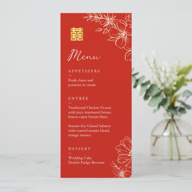 Menú Moderno y elegante boda chino de escritura floral  (Anverso de pie)
