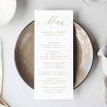 Menú Moderno y elegante Boda de caligrafía de oro<br><div class="desc">Añade un toque de lujo a tu recepción de bodas con este elegante menú de bodas, con "Menú" en sofisticada caligrafía dorada sobre un clásico fondo blanco. Este diseño moderno, sencillo y elegante permite a las parejas personalizar su menú con nombres, fechas bodas y detalles de las comidas con letras...</div>