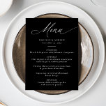 Menú Moderno y elegante Boda de caligrafía en blanco y<br><div class="desc">Este elegante menú nupcial presenta la palabra "Menú" en una elegante caligrafía blanca sobre un fondo negro de moda, ofreciendo un sofisticado look para su día especial. Personalízalo añadiendo tus nombres, fecha de boda y un menú detallado con letras blancas en negrita. El diseño moderno, sencillo y elegante es perfecto...</div>