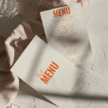 Menú Moderno y elegante Boda divertido y sensacional<br><div class="desc">Un colorido menú retro funky moderno y luminoso para la cena boda. Que presenta el diseño de plantillas de moda de fondo de crema boho vintage y tipografía naranja y menú escrito a mano en naranja. Perfecto y a juego con la suite.</div>