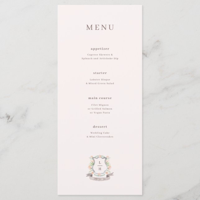 Menú Monograma acuarela Escudo floral Boda (Anverso)