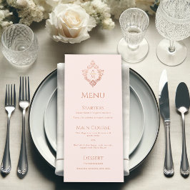 Menú Monograma Antiguo de Boda Rosa Cresta Oro Rosa