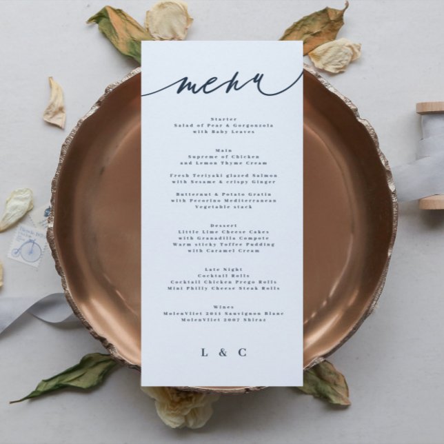 Menú Monograma blanco de la marina clásica azul elegant (Subido por el creador)