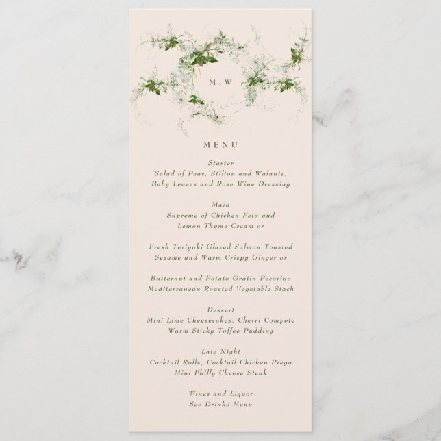 Menú Monograma crema elegante | Eucalyptus Wreath Boda (Anverso)