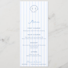 Menú Monograma de boda costera azul y blanco con concha