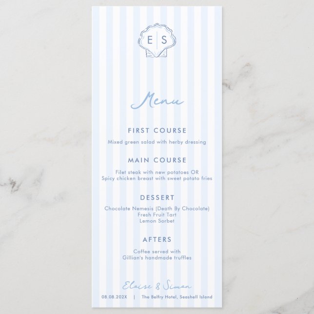 Menú Monograma de boda costera azul y blanco con concha (Anverso)