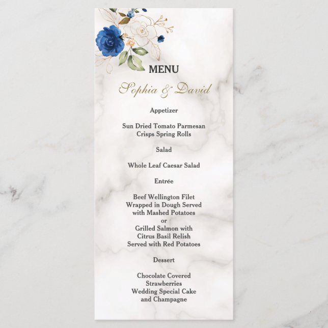 Menú Monograma de boda de flores de oro azul caprichosa (Anverso)