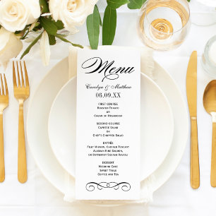 Menú Monograma de boda elegante de pergamino en blanco 
