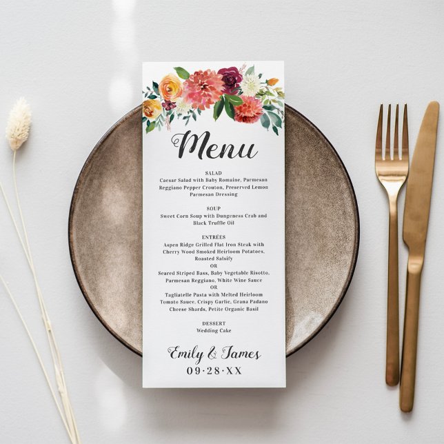 Menú Monograma de cena de boda floral de otoño rústico (Subido por el creador)