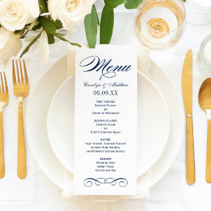 Menú Monograma elegante de boda con pergamino azul mari