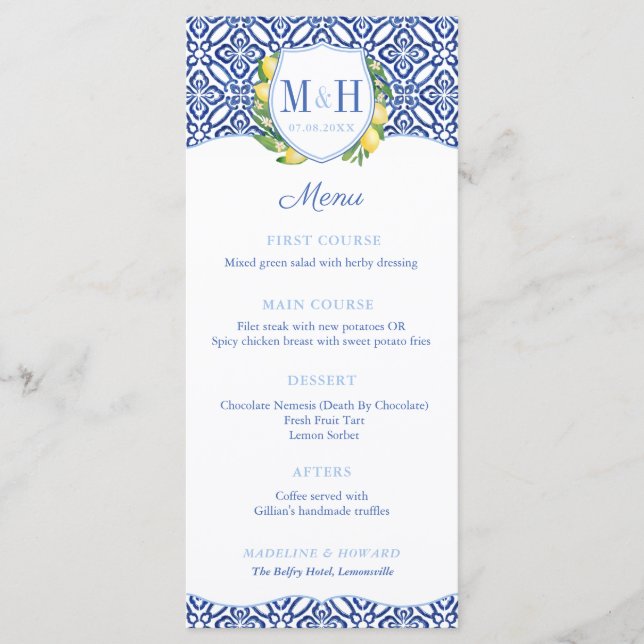 Menú Monograma Lemons Blue Tiles Wedding Ducha Fiesta (Anverso)