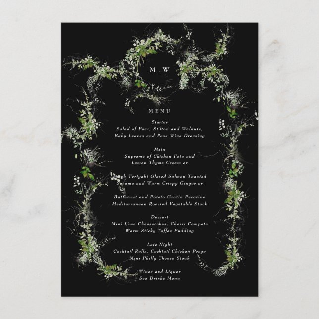 Menú Monograma negro premium Eucalyptus Wreath Boda (Anverso)