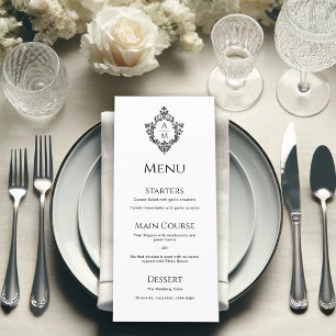 Menú Monograma Vintage de Boda Negro y Blanco Crest