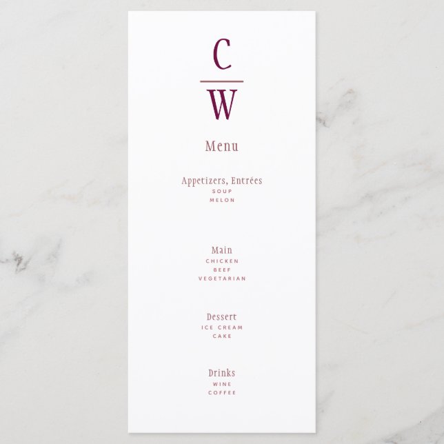 Menú Monogramado Boda de Berry Wine (Anverso)