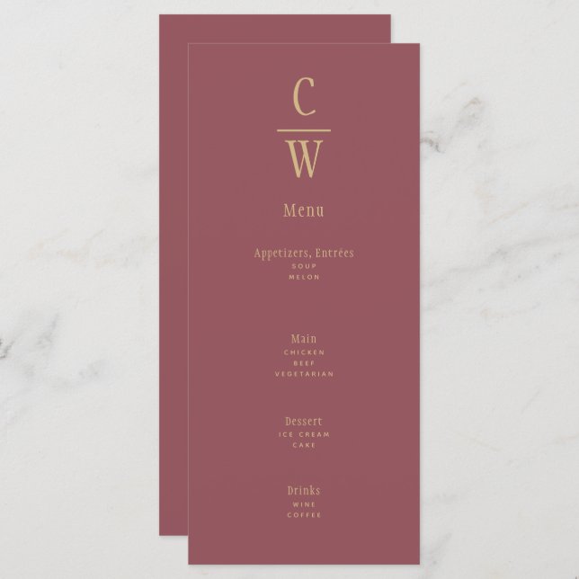 Menú Monogramado Rosa moderno Boda de oro rosado (Anverso / Reverso)