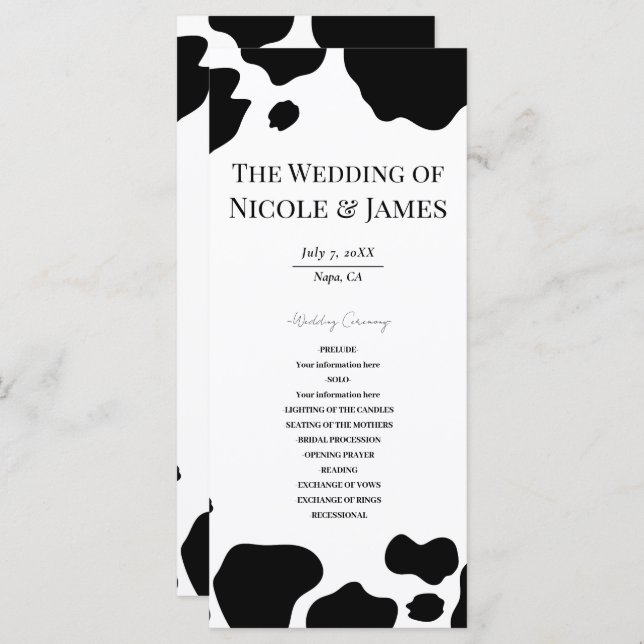 Menú Moo Cow Spots Print Black White Wedding Program (Anverso / Reverso)