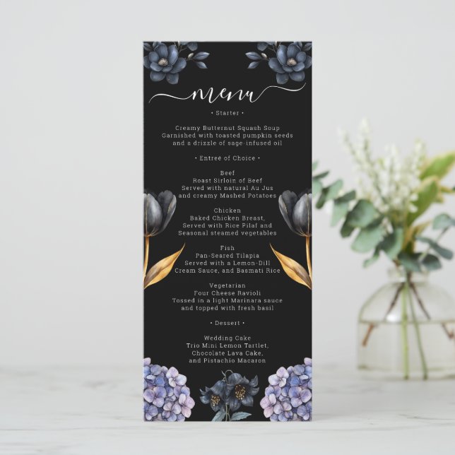 Menú Moody Black Floral Classic Whimsical Chic Wedding (Anverso de pie)