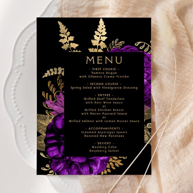 Menú Moody Dark Floral Purple Gold Boda (Subido por el creador)