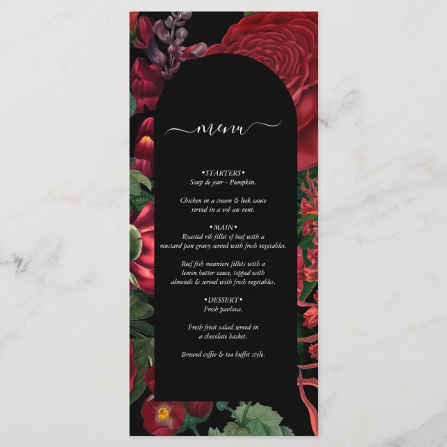 Menú Moody Florals Black Arch Burgundy Boda rojo (Anverso)
