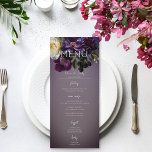 Menú Moody morado morado Lavanda Floral Boda moderno<br><div class="desc">Presentamos nuestro exquisito menú de suites boda que combina sin esfuerzo la elegancia moderna con el encanto vintage. Envuelto en un fondo de ciruela morada, cobra vida un ramo suave y suave, con morado oscuro, lavanda, blanco crema y flores borgoñas junto a una delicada vegetación botánica. Esta disposición está elegantemente...</div>