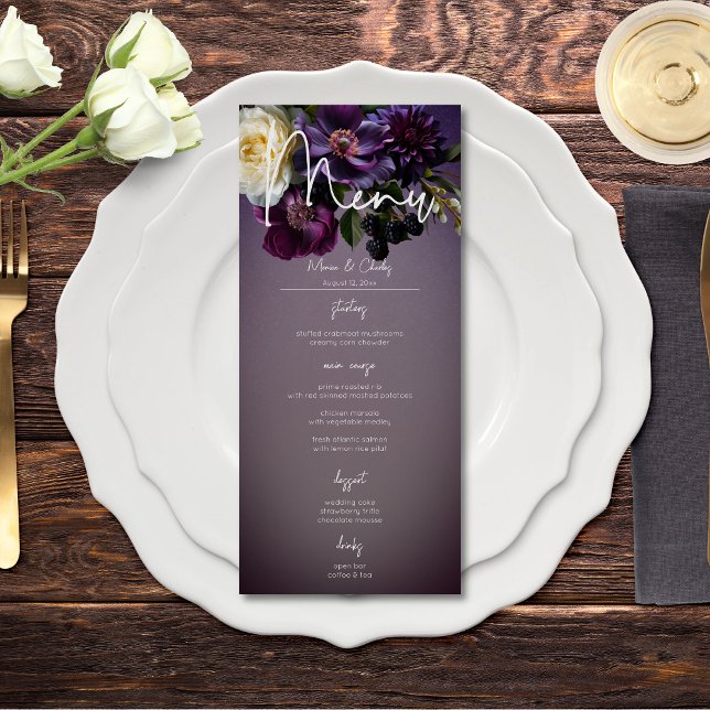 Menú Moody morado morado Lavanda Floral Boda moderno (Dark Moody Purple Lavender Floral Modern Wedding Menu)