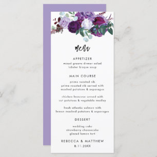 Menú Morado Floral Watercolor Script Boda Cena