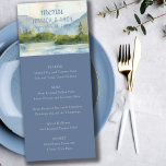 Menú Mountain Lake Watercolor Dusty Blue Boda<br><div class="desc">Carta boda de montaña con un diseño de acuarela pintoresco en tonos azul y verde polvoriento. La escena junto al lago cuenta con montañas, zonas verdes y pinos, el lago y un cielo claro. Los cursos y los elementos del menú son totalmente editables. Si quieres hacer coincidir productos, por favor...</div>