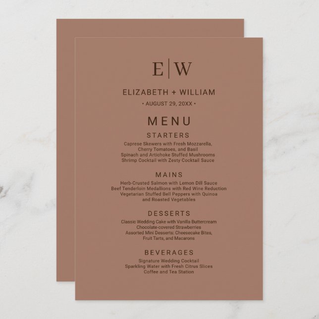 Menú Mousse elegante mocha simple con Boda monograma (Anverso / Reverso)