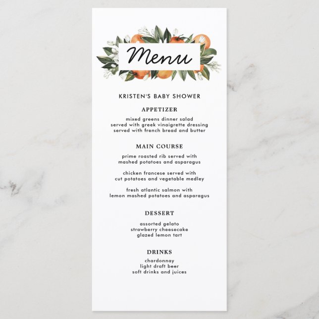 Menú Naranja A Little Cutie está en camino a Baby Showe (Anverso)