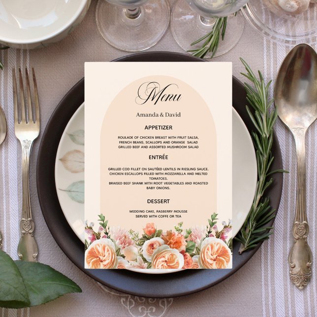 Menú Naranja beige florals arco boda cena (Subido por el creador)