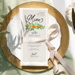 Menú Naranja Blossom Boda de tres ciclos<br><div class="desc">Menú boda naranja Blossom con títulos en caligrafía elegante, naranjas, florecimiento naranja y vegetación en un fondo neutro. Diseño natural fresco, exquisito para complementar un boda primaveral o veraniego con un tema boda de frutas naranjas. Para coordinar invitaciones, papelería, día de evento y decoración de mesa, juegos y carteles de...</div>