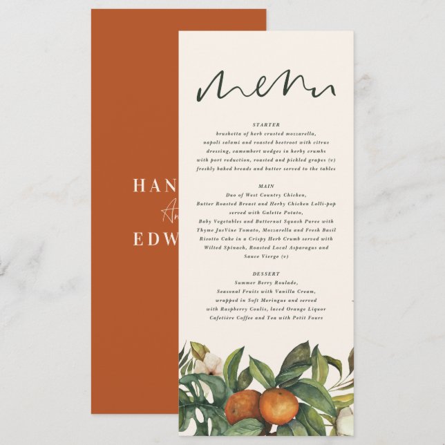 Menú Naranja cítrico acuarela boda floral botánico (Anverso / Reverso)
