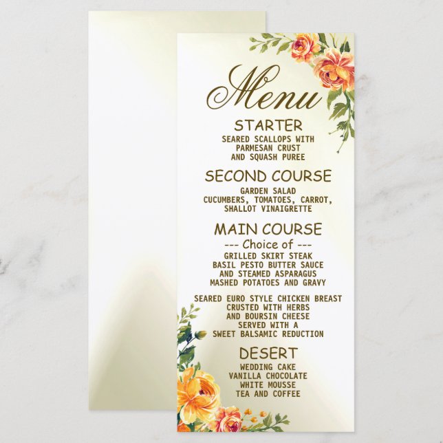 Menú Naranja de la fiesta de la boda Vegetación floral  (Anverso / Reverso)