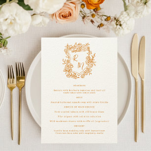 Menú Naranja floral de mano  Monograma Boda Escudo