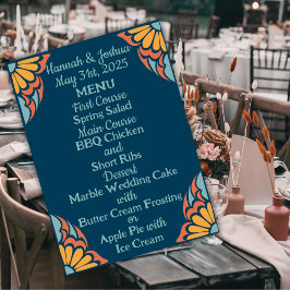 Menú Naranja Groovy florece en Boda azul profundo