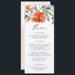 Menú Naranja Peach Dusty Blue Garden Boda Floral<br><div class="desc">Naranja, Peach & Dusty Blue Floral Botanical Boda Menú: Esta bonita carta se puede utilizar en la ducha de novia, en el almuerzo o incluso en el boda. Presenta florales audaces de color naranja, azul polvoriento, azul marino y rosa chismoso. El reverso contiene sus iniciales y la fecha del boda....</div>