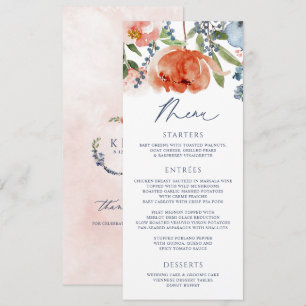 Menú Naranja Peach Dusty Blue Garden Boda Floral