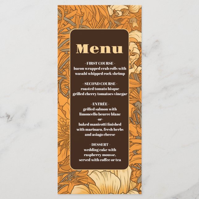 Menú Naranja quemada Boda de Art Nouveau floral (Anverso)