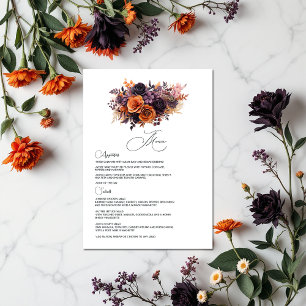 Menú Naranja quemado, morado oscuro y Boda floral negro