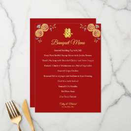 Menú Naranja rojo floral boda chino doble felicidad