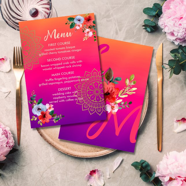 Menú Naranja rosa Fuchsia Boda floral audaz brillante (Subido por el creador)
