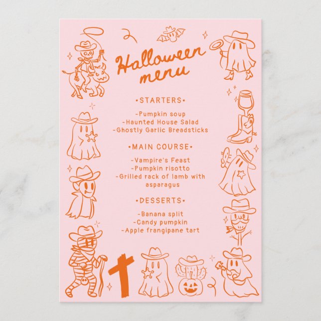 Menú Naranja Rosa Quirky mano dibujó doodles Halloween (Anverso)