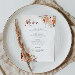 Menú Naranja ruso Boho | Boda blanco acuarela<br><div class="desc">Estos bonitos y románticos menús bodas presentan un estilo boho moderno y una elegante caligrafía burdeos. Las esquinas están decoradas con rúsculos ramos ramos bohemias de flores de naranja, melocotón, rubor y taupe y hojas botánicas neutras, a juego con sutiles salpicaduras de acuarela sobre un fondo blanco con suaves salpicaduras...</div>