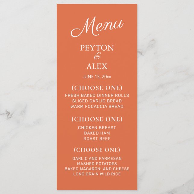 Menú Naranja White Wedding Ensayo de cena (Anverso)
